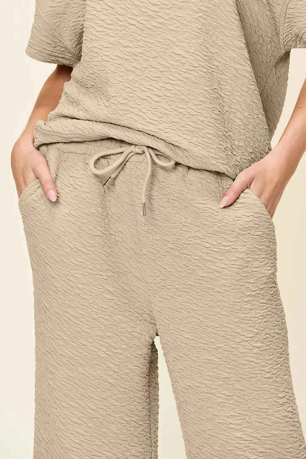 Double Take Full Size Texture Short Sleeve Top and Pants Set