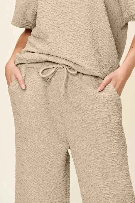Double Take Full Size Texture Short Sleeve Top and Pants Set