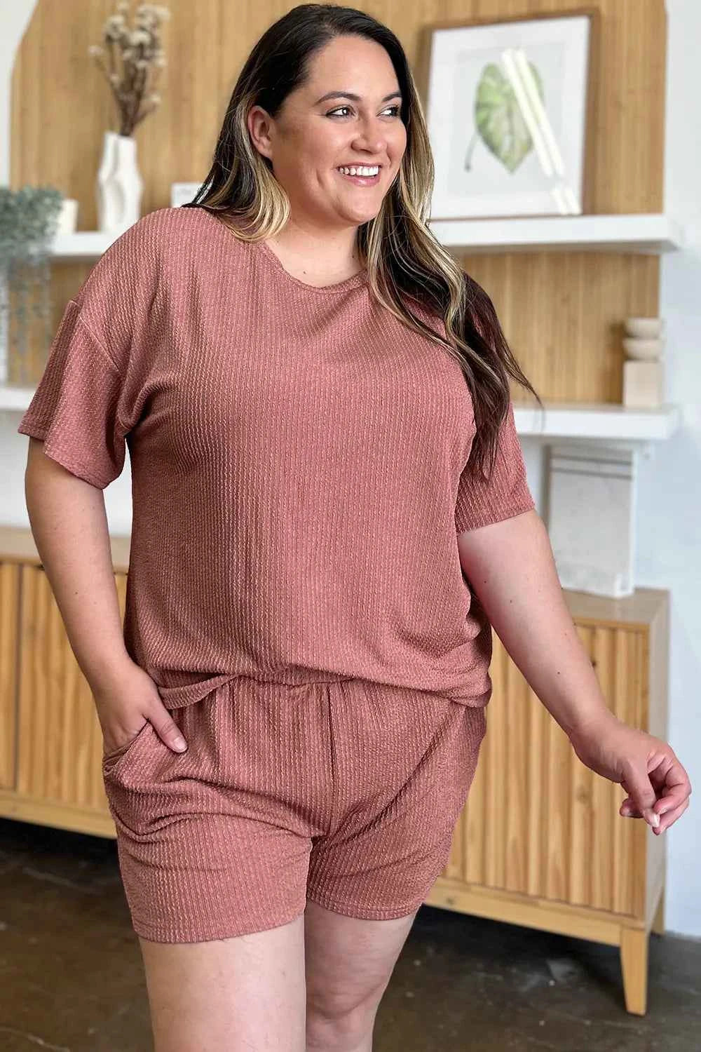 Double Take Full Size Round Neck Short Sleeve T-Shirt and Shorts Set