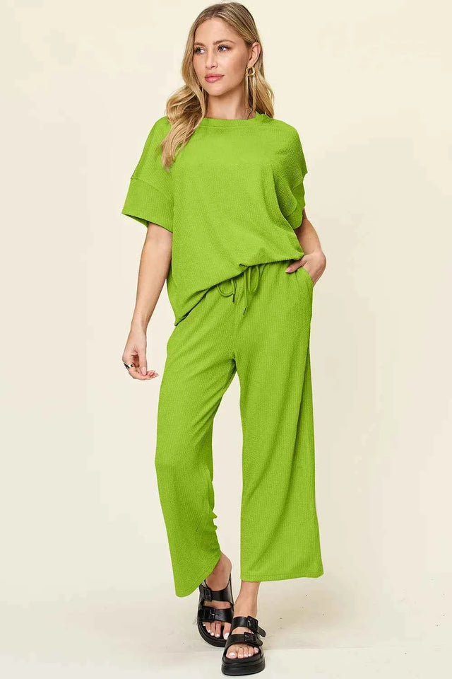 Double Take Full Size Texture Round Neck Short Sleeve T-Shirt and Wide Leg Pants
