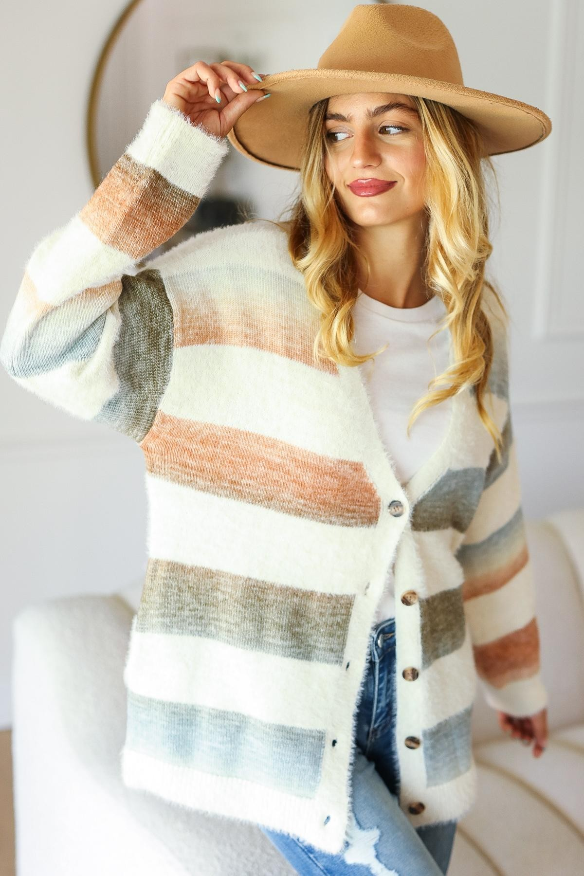 Button Down Stripe Soft Fuzzy Sweater Cardigan - Liarian Unlimited Boutique