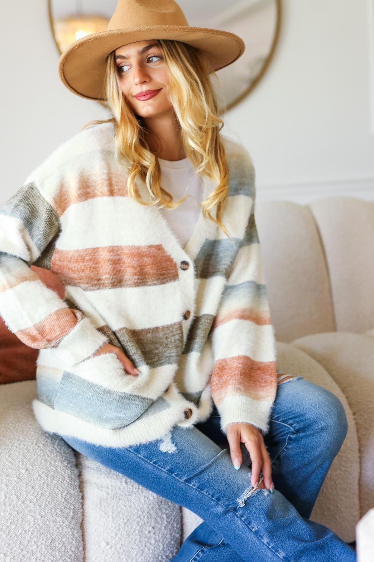 Button Down Stripe Soft Fuzzy Sweater Cardigan - Liarian Unlimited Boutique