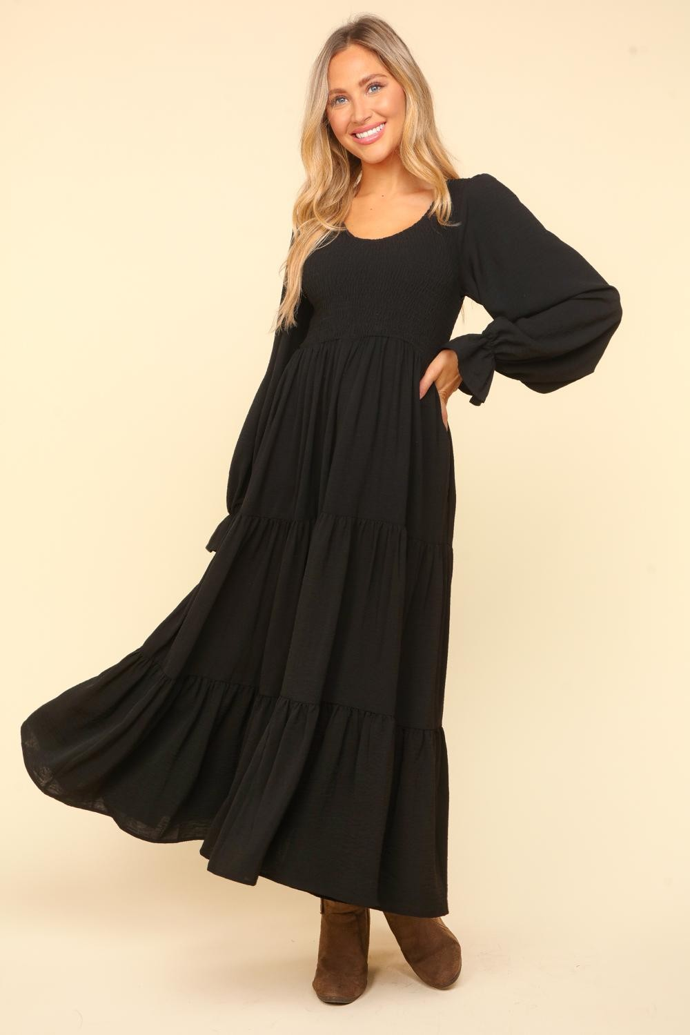 Smocking Maxi Woven Dress with Side Pockets in Black - Liarian Unlimited Boutique