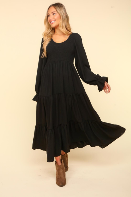 Smocking Maxi Woven Dress with Side Pockets in Black - Liarian Unlimited Boutique