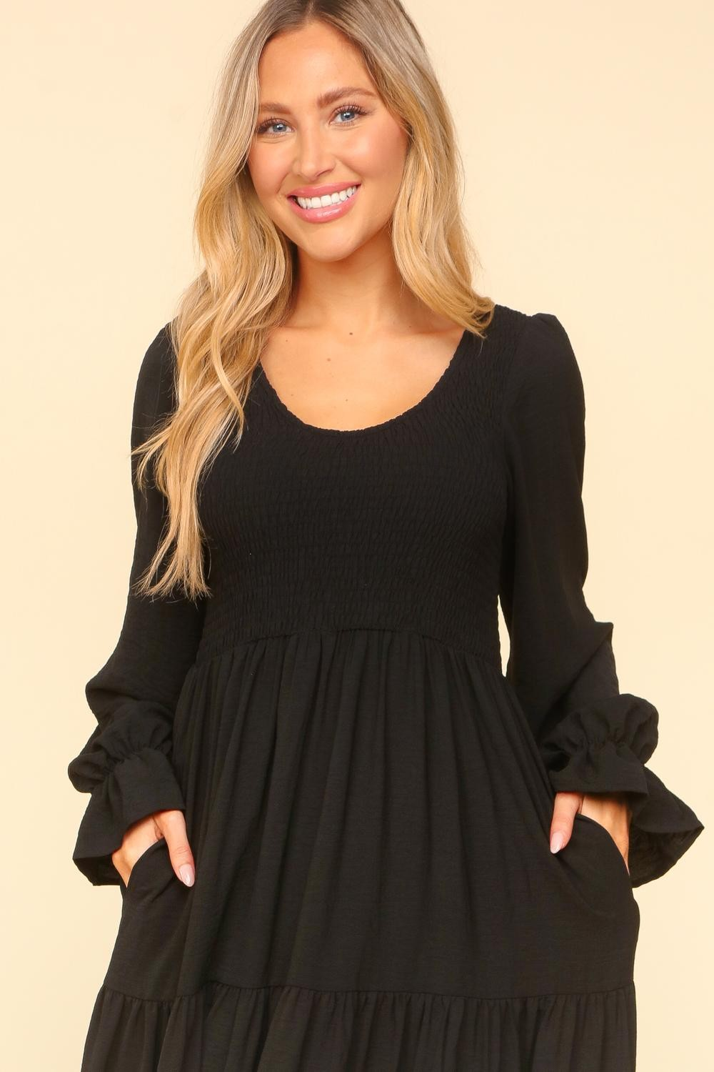 Smocking Maxi Woven Dress with Side Pockets in Black - Liarian Unlimited Boutique