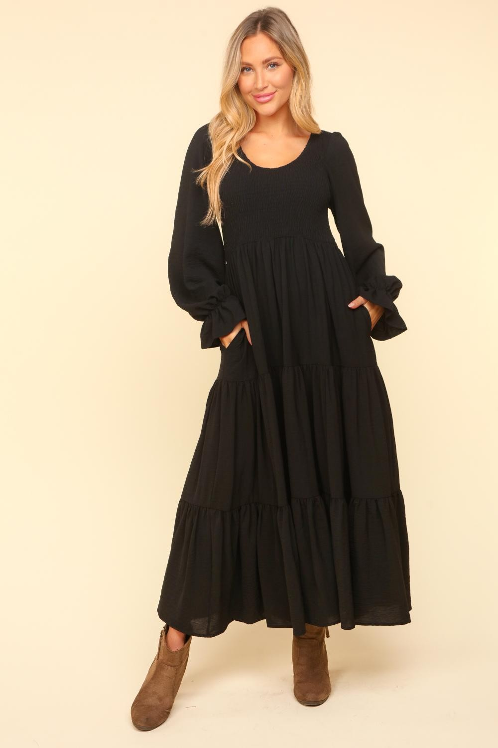 Smocking Maxi Woven Dress with Side Pockets in Black - Liarian Unlimited Boutique