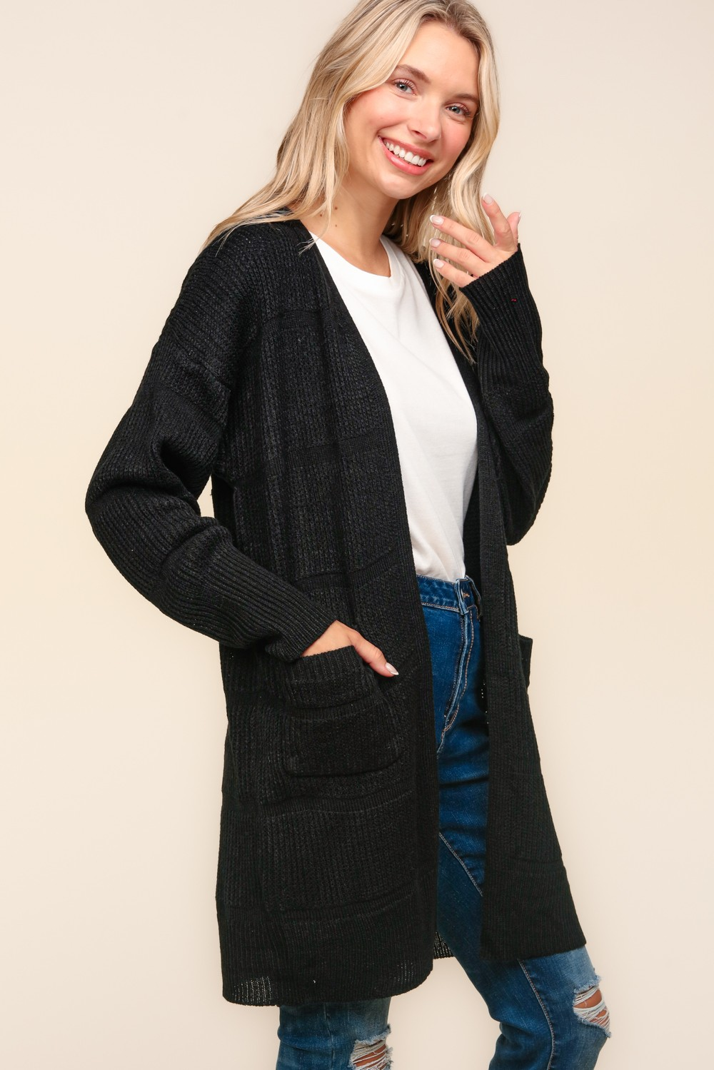 Stripe Textured Open Cardigan with Pockets in Black - Liarian Unlimited Boutique