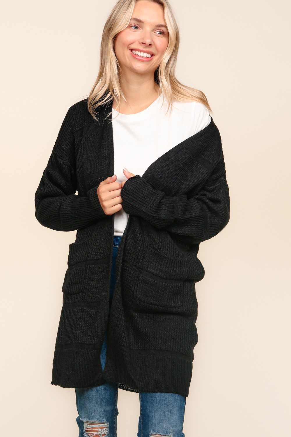 Stripe Textured Open Cardigan with Pockets in Black - Liarian Unlimited Boutique